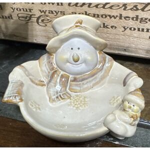 Snowman Dish Stoneware Ceramic Glazed Bowl Trinket Figurine 3.5 Tall X 5.5" Wide